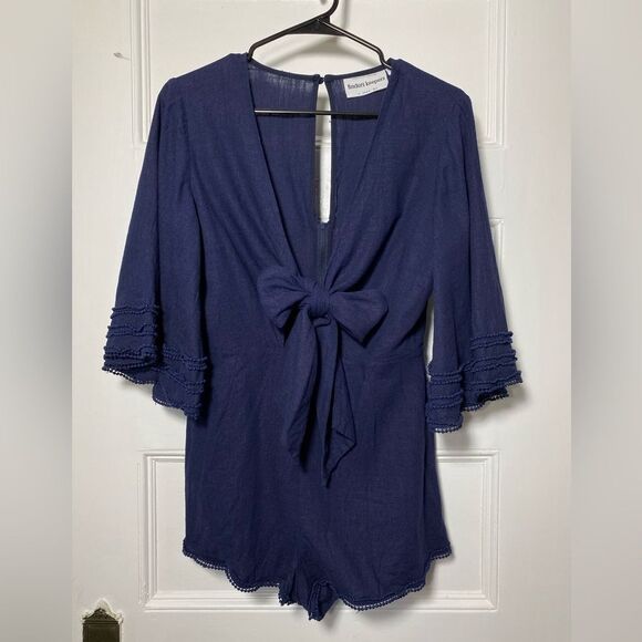 Finders Keepers | Limoncello Tie-Front Flared Sleeve Playsuit Romper Navy Sz 6 - Picture 3 of 13